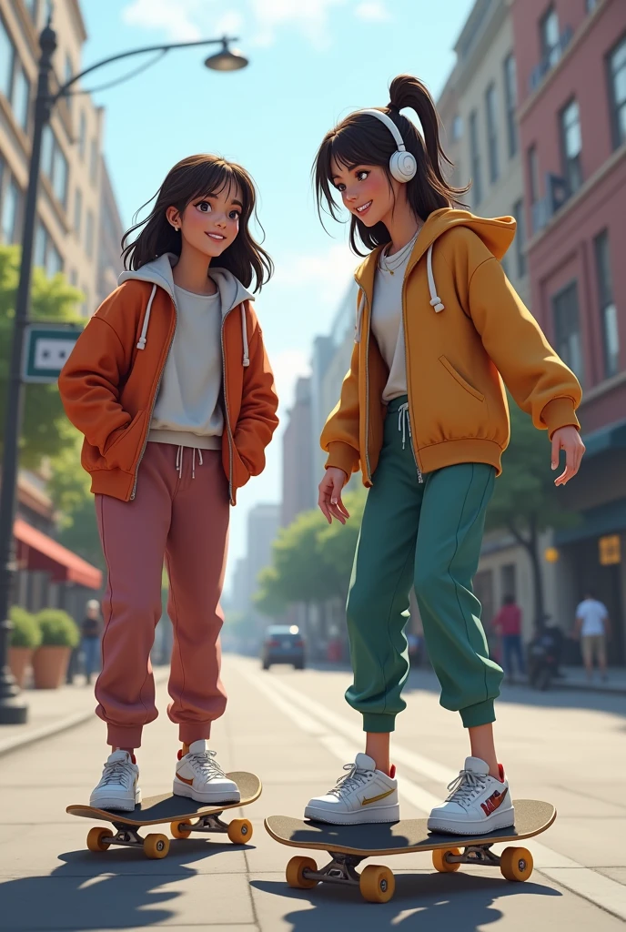 one 2 girl, skatist, wearing street style, wearing white ear pods, skating cruising in a relaxed posture, shes by street scenario, shes wearing sweat pants,