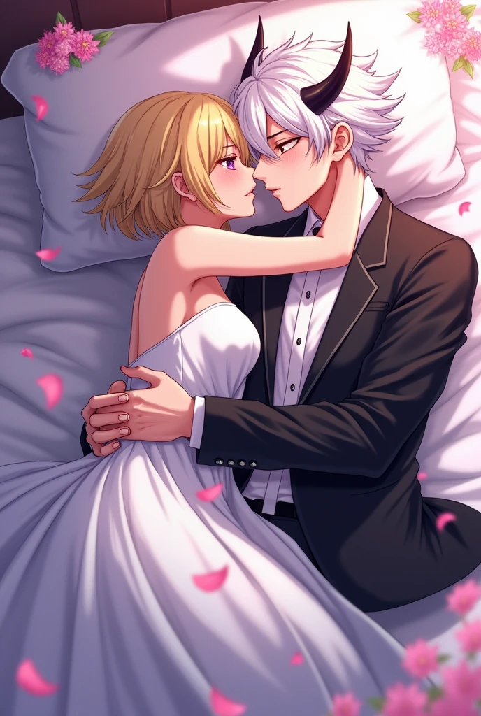 anime style manwha woman , Blonde Short hair, purple eyes, with wedding dress,  with a man with white hair , and horned, yellow eyes, Black Suit,  Lying in bed and kissing   , icon format 