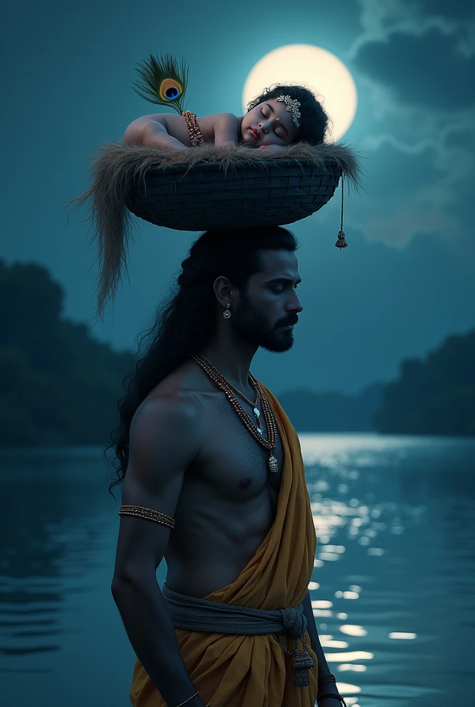 Father vashudeva(  face are clearly visible) kept god   krishna ( 1ft, sleeping in basket ,glorius face , peacock feather on his head) in basket (black)on his head crossing yamuna river by side at moon night
