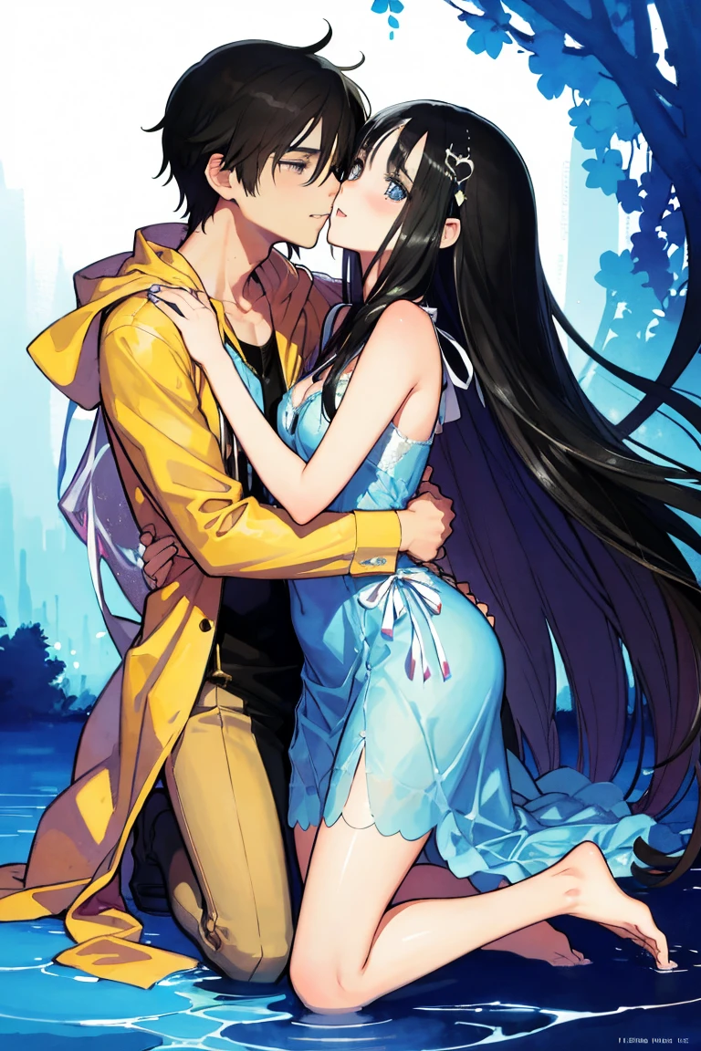 full body, kiss, lovers, hug, couple, man and woman, love, mature, a cat woman, she has freckles, she has dark brown eyes and an upturned nose, she is happy and smiling, she has long wavy hair, black hair, she is wearing aviator sunglasses with clear lenses in a soft watercolor style. The girl's clothes must be pink, purple, and blue in celebration of the bisexual, with stains of ink and watercolor mixing and filling the scene. he has blonde hair, There should be a subtle, nuanced change in colors using the impasto technique with gouache paint. There should be a light rain in the watercolor painting with a little watercolor paper texture and a pastel background.