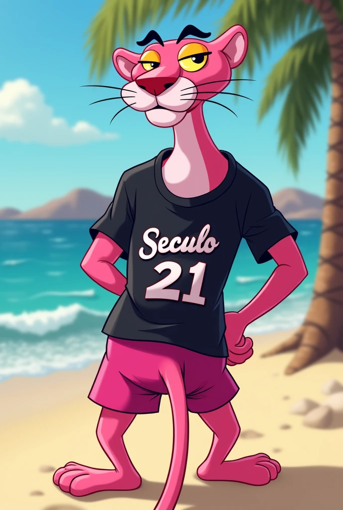 create a pink panther showing his ass in swim trunks with a black t-shirt written SECULO 21 and the name hector like a football player
