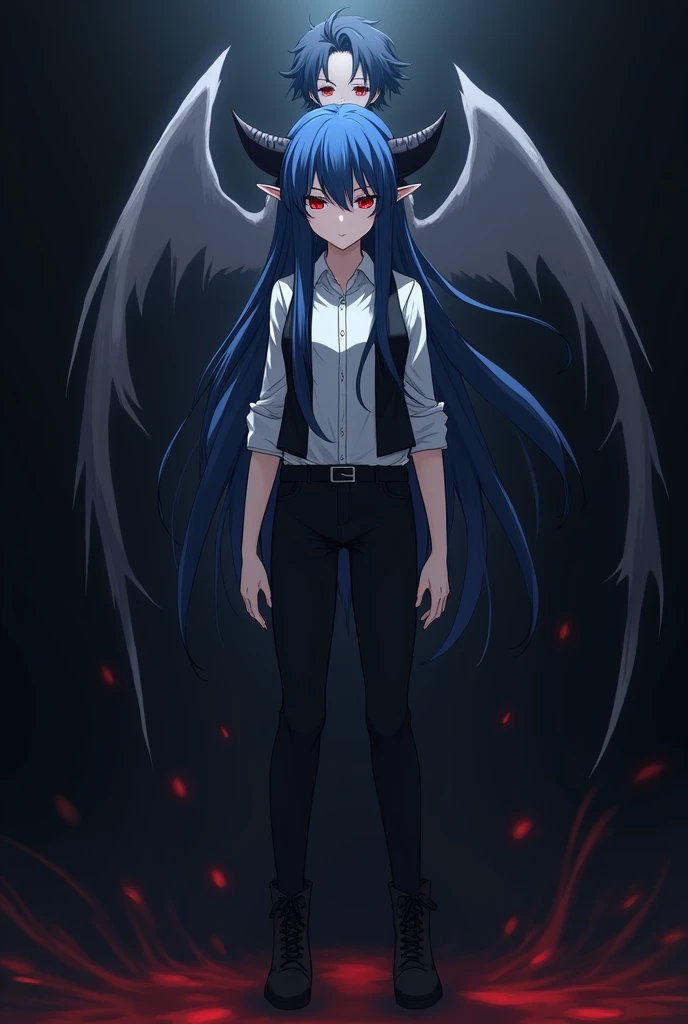 More mature anime style image. An image with a black background. a age girl, with long blue hair and red eyes, wore a white dress shirt rolled up to the elbows and a vest, black pants and black boots. Small black horns came out of her hair. A human image, but still diabolical. A dark aura around him ready to kill at any moment along with his serious expression. He used a katana that emanated a dark purple glow around him.. There was a strange glow behind him that gave the shape of wings.. Behind if, seemed to have some kind of entity, a teen with dark blue hair like hers and red eyes, a serious expression, behind her as if he was hugging her. A devilish mist around them.