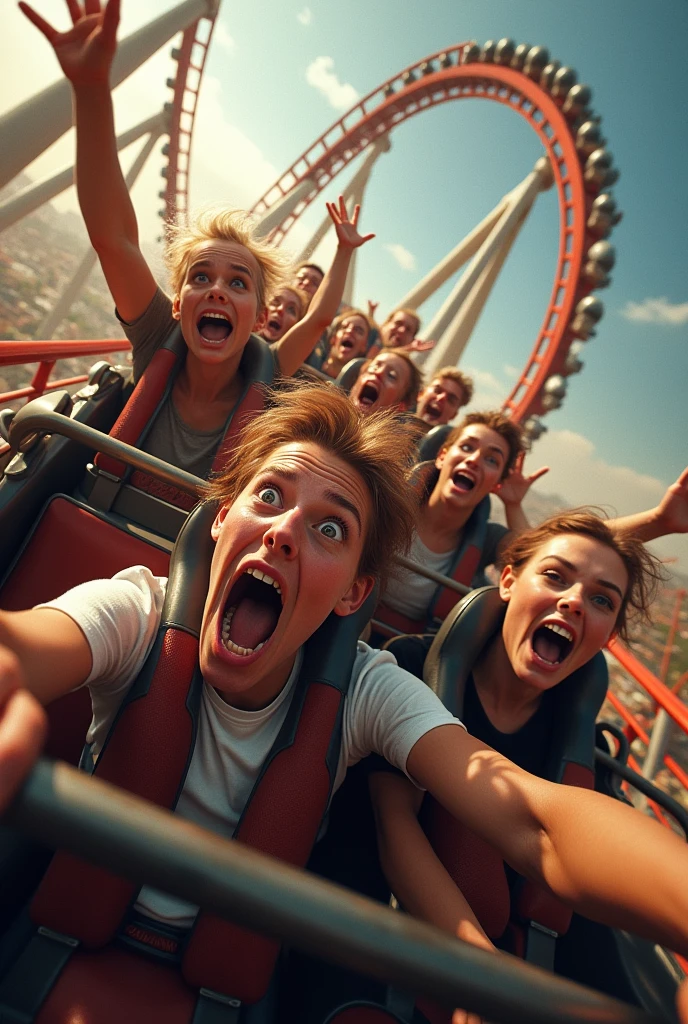 People screaming while riding a roller coaster