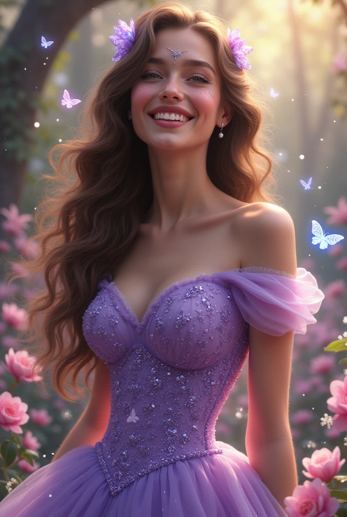 an 1 woman, tender, extremely beautiful with brown hair and honey-colored eyes, laughing happily, full lips, with freckles, lip gloss, small nose, phosphorescent light address, with a purple princess dress, with sparkling crystal butterflies , in a magical flower garden