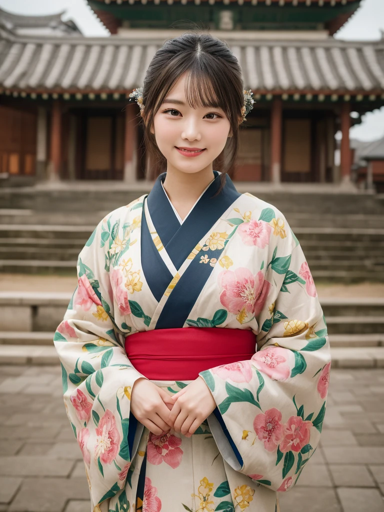  1girl, solo, highres, best_quality, masterpiece, detailed_background, intricate_details, beautiful, nara, todai_ji, great_buddha, temple, historical, traditional_clothes, kimono, smile, looking_at_viewer, dynamic_pose, natural_pose, candid, happy