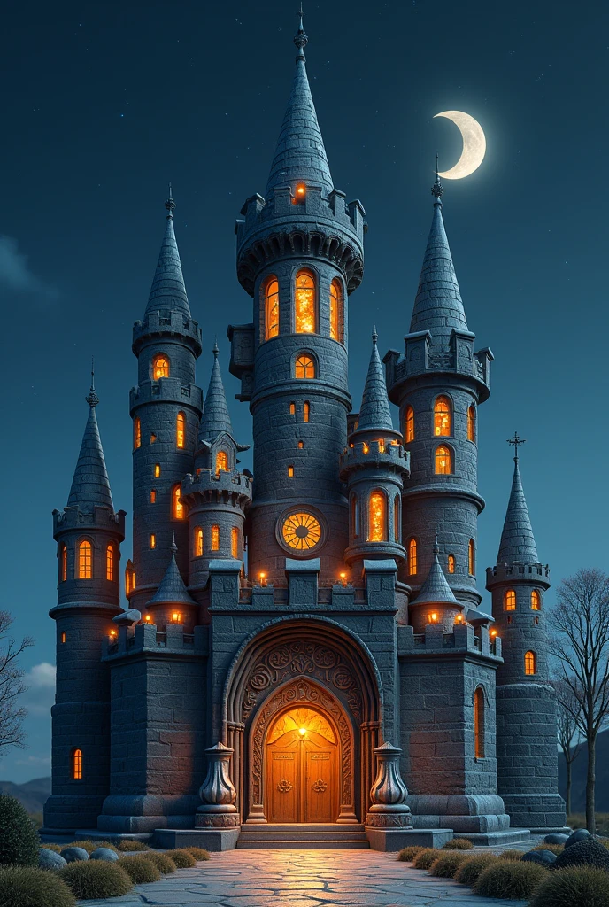 Create a mystical and fantastic castle in 3D .
With astrological symbols and meanings of the planet Saturn With seven main equal towers .
That there be an animal archetype guarding both sides of the castle's main entrance door