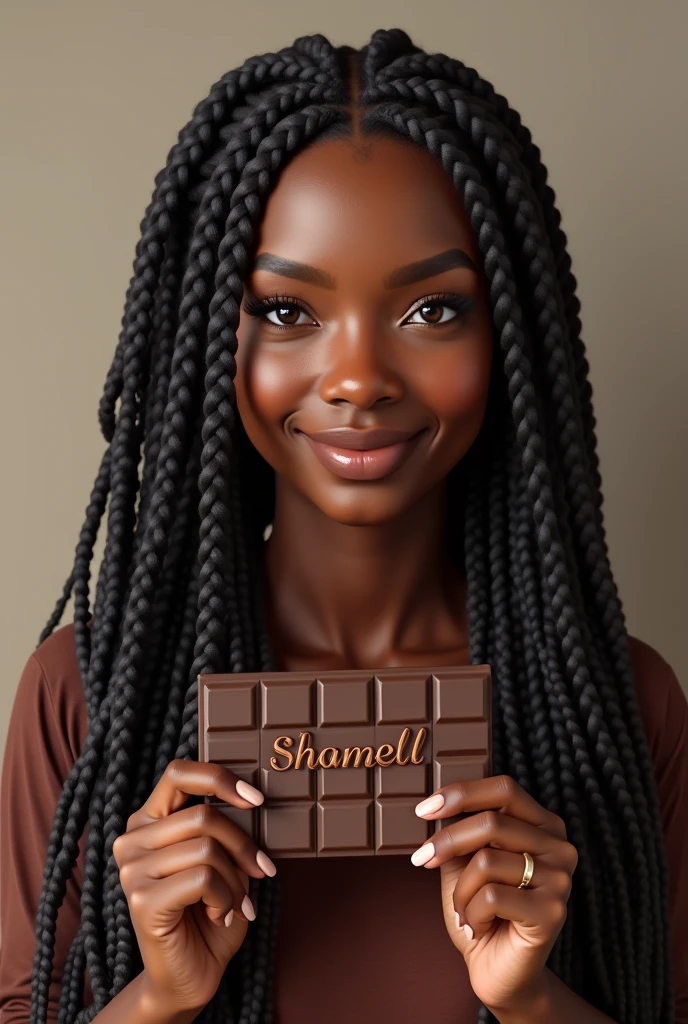I need a black woman adult with braids holding a chocolate that says Shamell