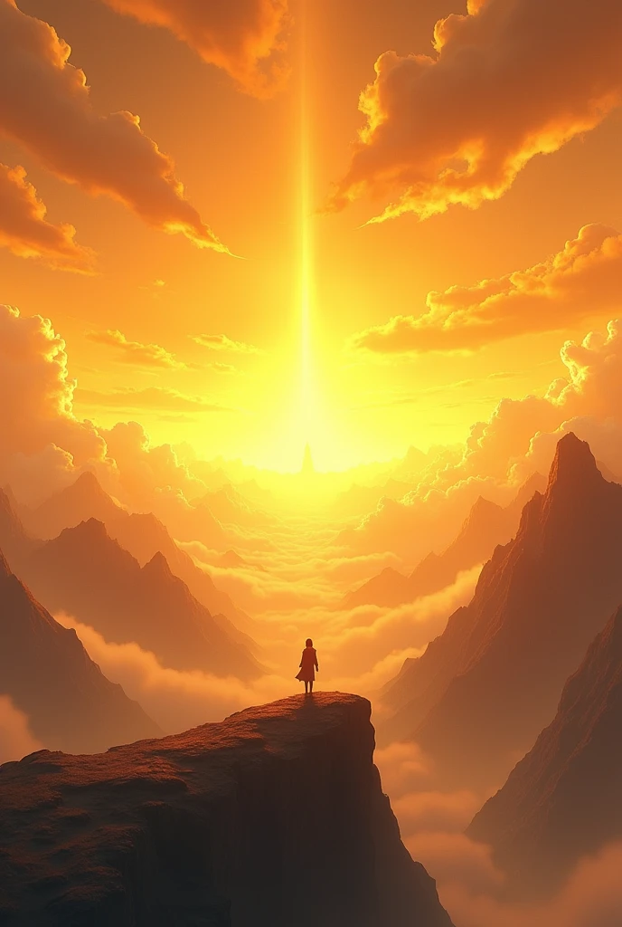 Create a sky with a golden color,from a perspective that is on a mountain