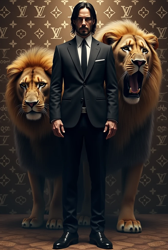 John wick in suit with a lion and louis Vuitton Monogram Background