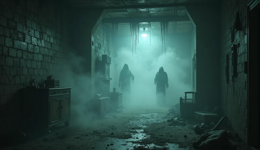 make an illustration of a haunted house basement, use elements that bring a dark mood like fog, make it with an ultra-realistic tone, rich in details