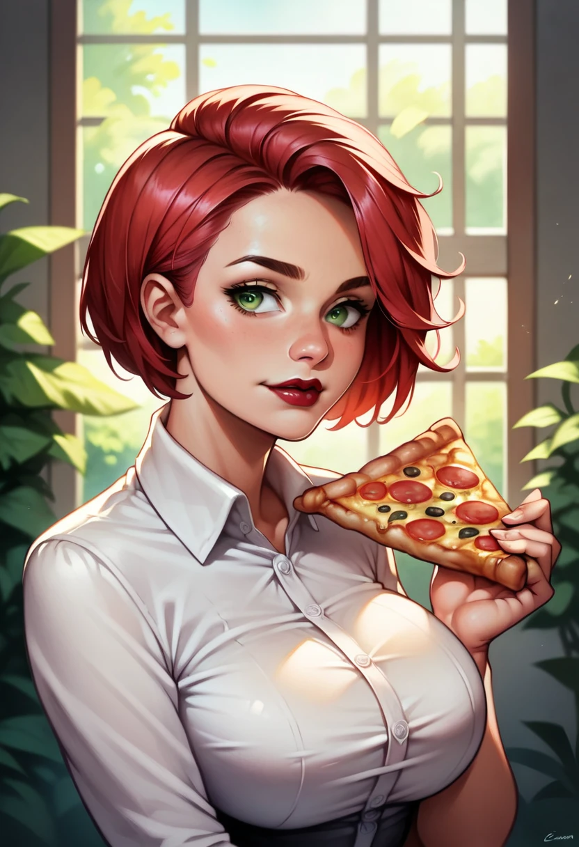 (high-level image quality), (high quality), (high resolution), (detailed), (masterpiece), beautiful woman, ((caucasian)), green eyes, red hair, short hair, dark red lipstick, perfect eyes, Detailed face, business dress, pizza, busty