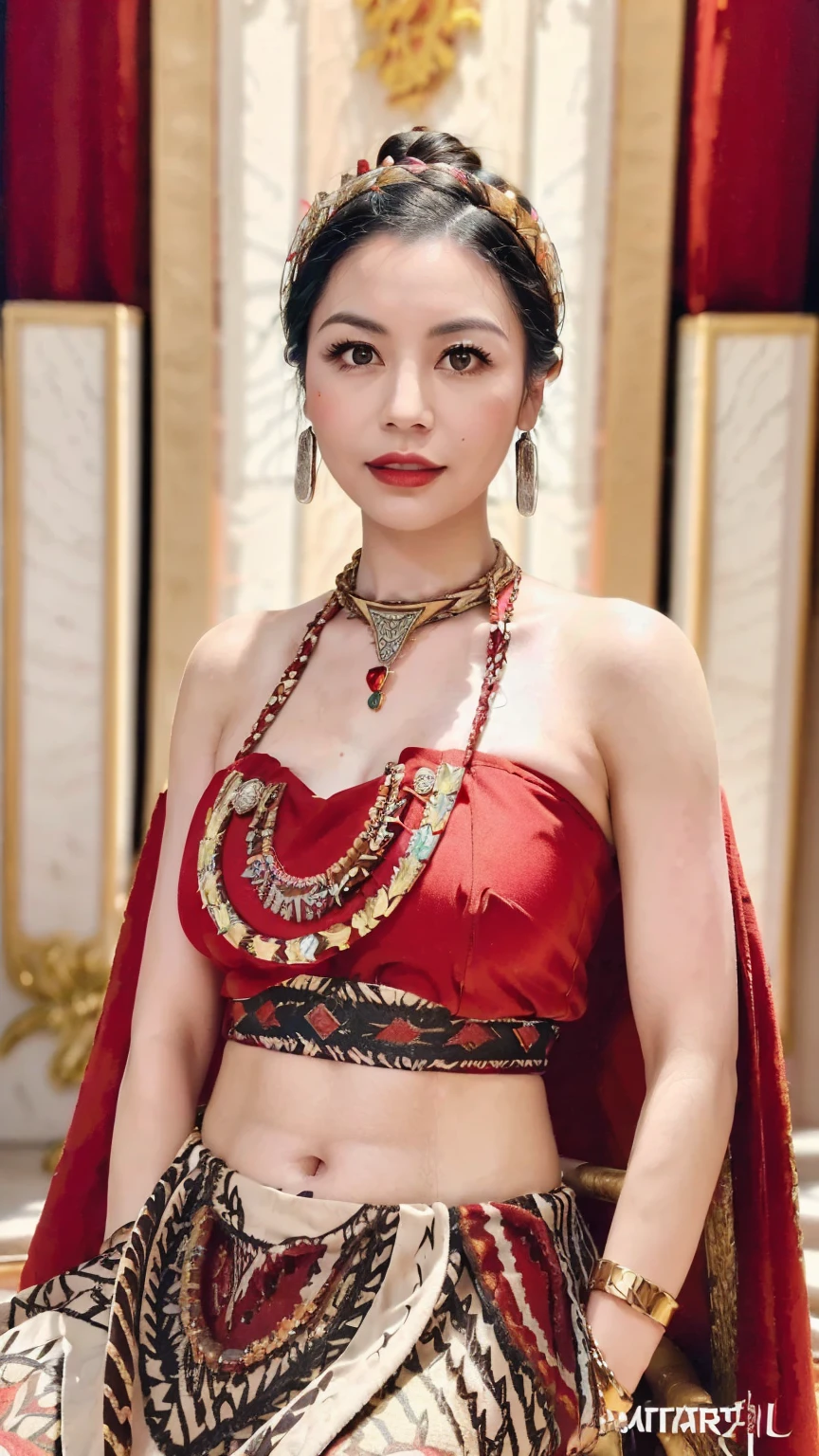 ((Realistic lighting, Masterpiece: 1.3)), (raw photo:1.2), Hyperrealist portrait gorgeous Beautiful tribal Chinese leader, mature woman, 40 years old, Milf, beautiful serious face, wrinkled face, beautiful detailed charming eyes, (pretty big breasts: 1.1), ((tribal red cape: 1.1), (tribal red mix gold strapless), (red tribal dress)), tribal loincloth, (tribal jewelry, tribal necklace, tribal diadem circlet), native American attire, tribal Palace background, legendary style, epic style, full body, (sit on throne: 1.2, tribal Palace background), professional photography, font view, very detailed faces, (garnet red lips, subtle makeup: 1.3), chignon hairstyle, full body, Best quality, 8K, colorful style