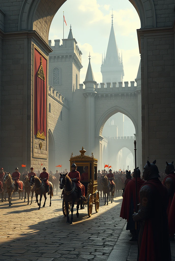 Take a carriage with 10 men on horseback behind it through the gates of a huge medieval kingdom 