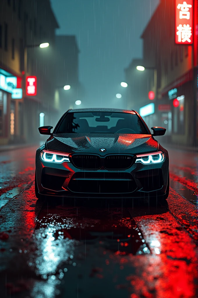 Scary bloody bmw m5 in night in light rain with orange neon lights