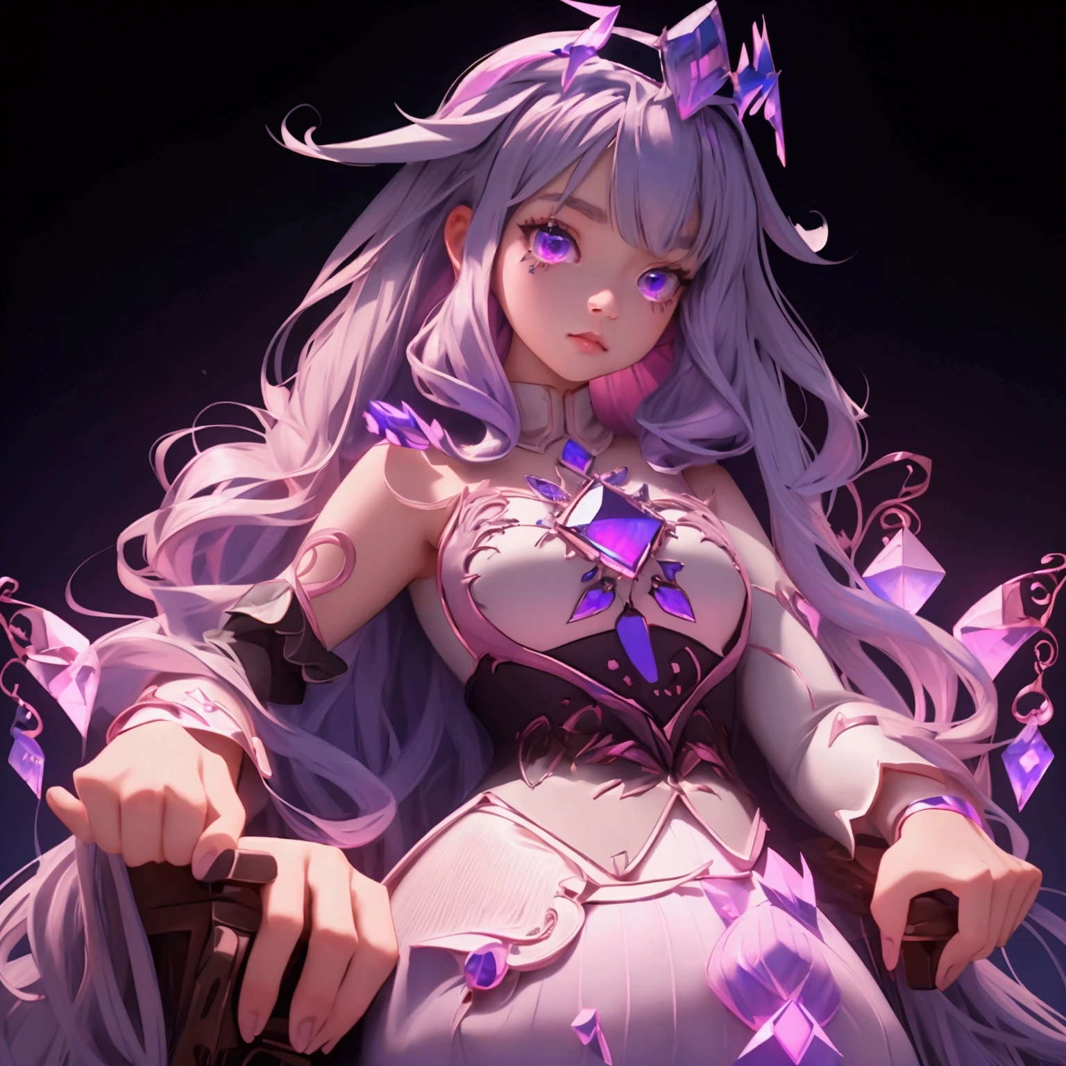 envision a 8k, highres, cinematic, close up beautiful portrait of a short adult girl named Koseki Bijou with long pinkish gray hair, a jeweled crown, purple eyes, wearing a white dress with magic attachments and bright colorful crystal armor plates against a dark background