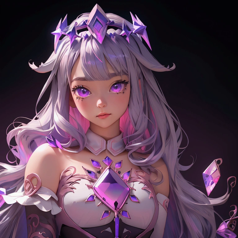 envision a 8k, highres, cinematic, close up beautiful portrait of a short adult girl named Koseki Bijou with long pinkish gray hair, a jeweled crown, purple eyes, wearing a white dress with magic attachments and bright colorful crystal armor plates against a dark background