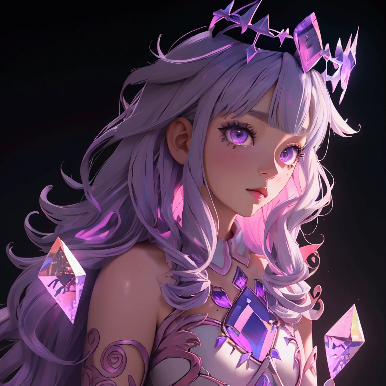 envision a 8k, highres, cinematic, close up beautiful portrait of a short adult girl named Koseki Bijou with long pinkish gray hair, a jeweled crown, purple eyes, wearing a white dress with magic attachments and bright colorful crystal armor plates against a dark background