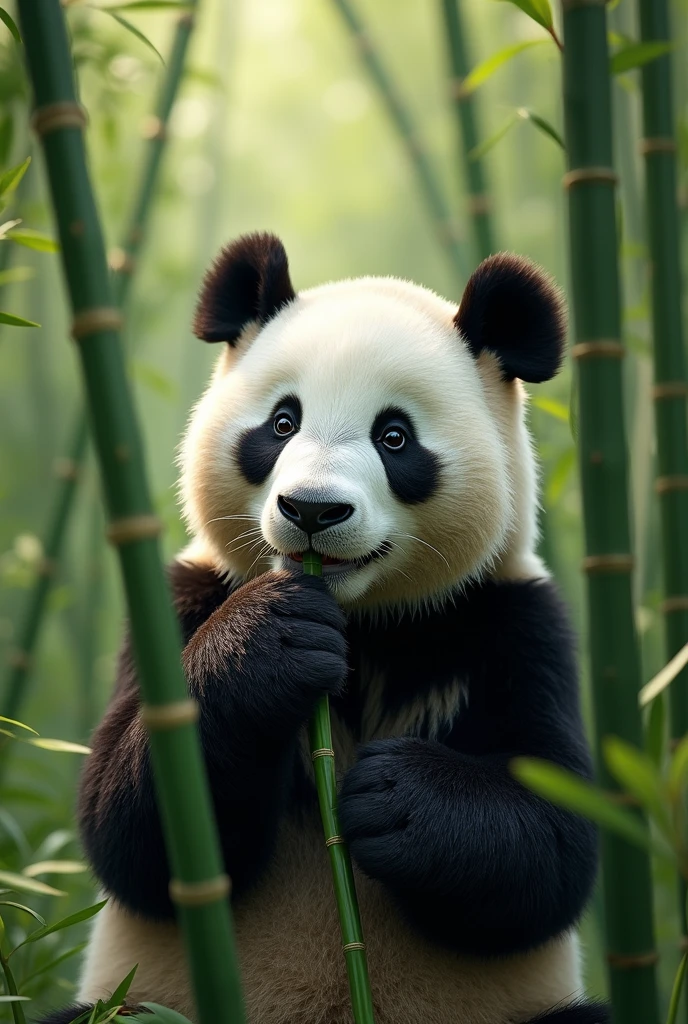 a beautiful panda bear eating bamboo in a bamboo forest, detailed panda face, detailed fur texture, photorealistic, (best quality,4k,8k,highres,masterpiece:1.2),ultra-detailed,(realistic,photorealistic,photo-realistic:1.37),HDR,UHD,studio lighting,extreme detail description,professional,vivid colors,landscape,green,natural lighting