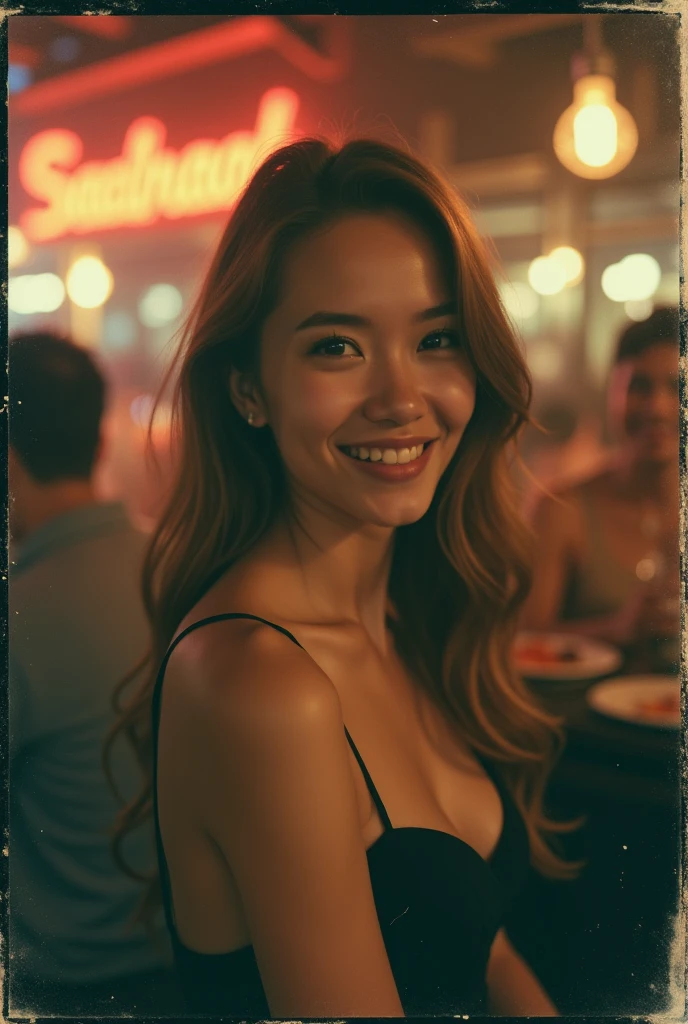 polaroid photo, night photo, smiling shyly, in party bar, photo of 18 y.o beautiful slim woman, pale skin, bokeh, elegant black dress, motion blur