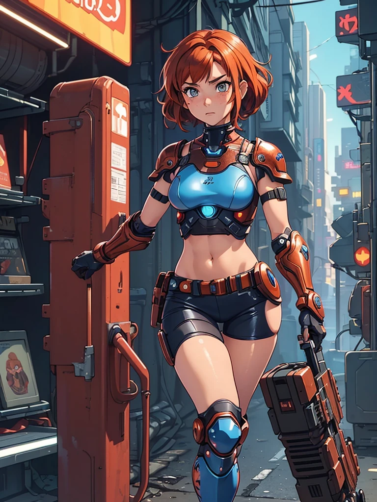 (masterpiece), (best quality), ((one girl)),(( red copper hair)),(brown eyes),short hair, curly hair, anime style, freckles, (small breast), (petite figure), legs,((cyberpunk armor)), (blue armor)),(almond eyes) ,( tan skin)