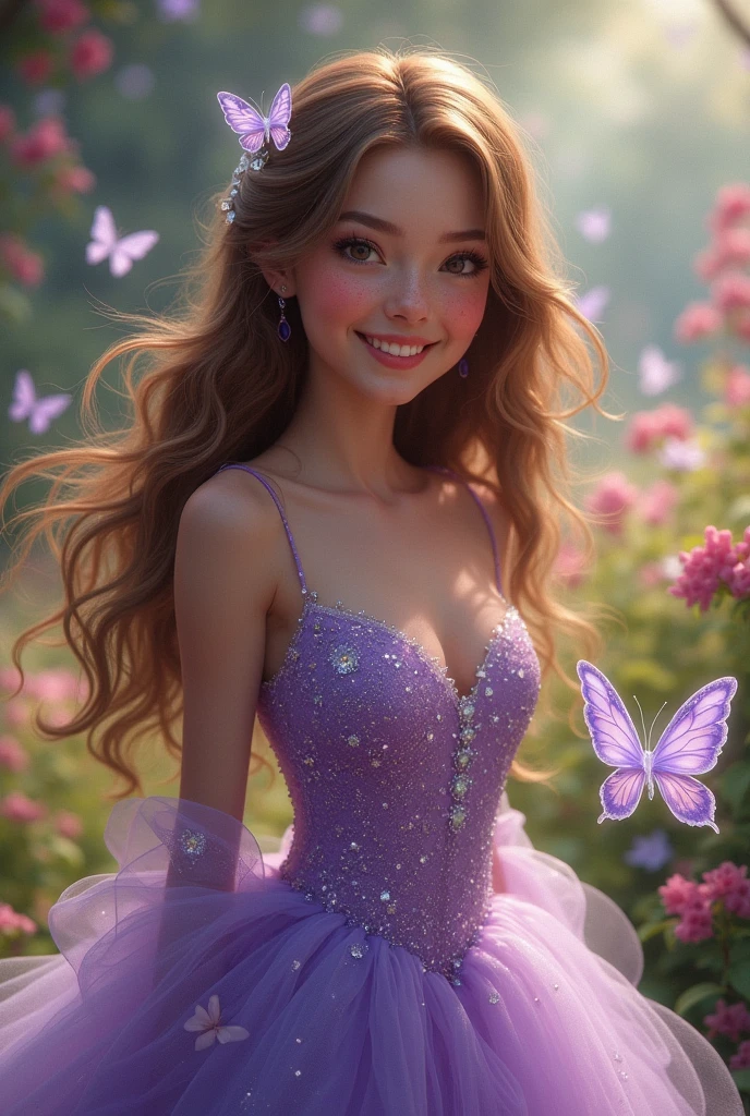 an 1 woman, tender, extremely beautiful with brown hair and honey-colored eyes, laughing happily, full lips, with freckles, lip gloss, small nose, phosphorescent light address, with a purple princess dress, with sparkling crystal butterflies , in a magical flower garden