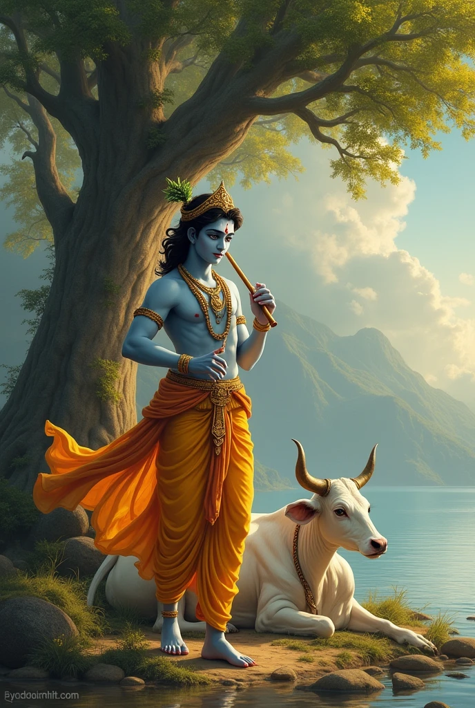 Shree krishna's photo with quote of bhagvat geeta and with flute and cow sitting under the tree near yamuna river