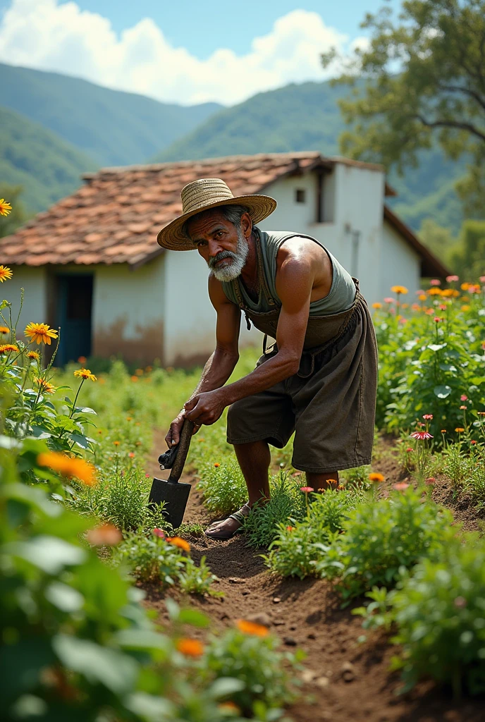 Generates an image of Colombian peasant culture, with a man farming in the background of the image and a house in front