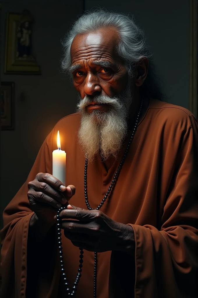 "Create a hyperrealistic image of a Preto Velho, an elderly Afro-Brazilian spiritual figure. He is depicted with deep, wise eyes, and a kind, serene expression. His skin is deeply wrinkled, showing the passage of time and wisdom gained. In one hand, he gently holds a rosary, its beads reflecting the light softly. In the other hand, he holds a lit white candle, its flame steady and glowing warmly. The setting is dimly lit, with the candlelight casting soft shadows, highlighting the texture of his clothing and the gentle curve of his hands."