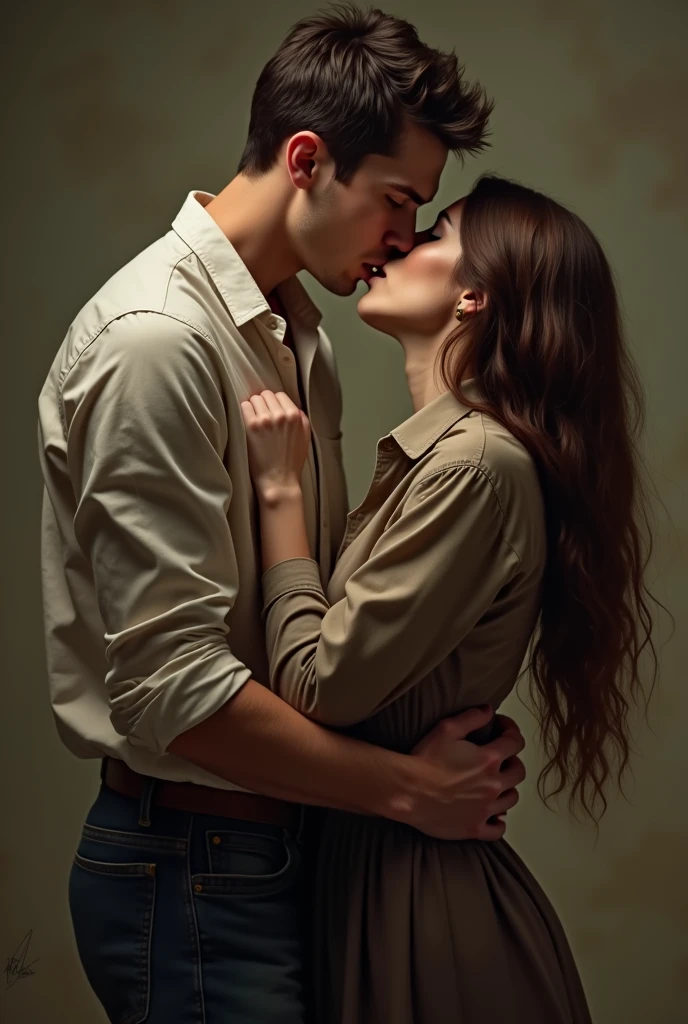 
bearded bearded woman, brown hair, amber eyes, kisses the void with her mouth, eyes closed