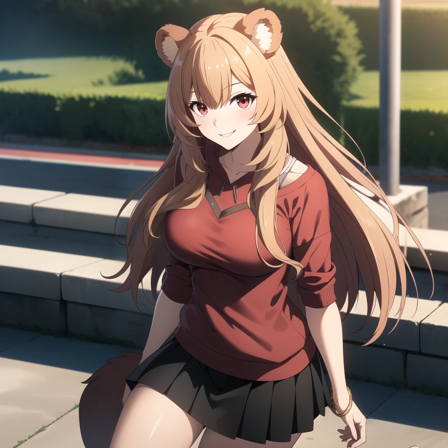 Raphtalia woman19 años straight floating golden blonde hair , rounded bear ears, red eyes like ruby,  shy smile,  big breasts,  pink low cut sweatshirt, neckline,  black miniskirt. background a park.