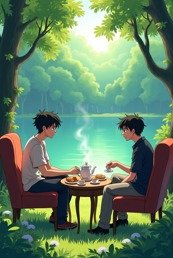 Two male agers are sitting in chairs and these chairs are near a tea table on top of this table there are several treats and of course a teapot and tea cups the two boys are having a secret meeting because the place they chose is in the middle of a forest where there is a beautiful lake the image has to be in anime