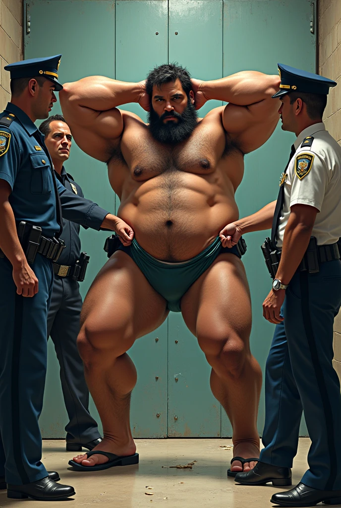 Huge muscular hairy bearded Puerto Rican man, in white underwear, with the legs well apart from each other, with hands raised behind head, having his underwear searched by two police officers, together with a manager, that open, pull, take something out of the underwear.