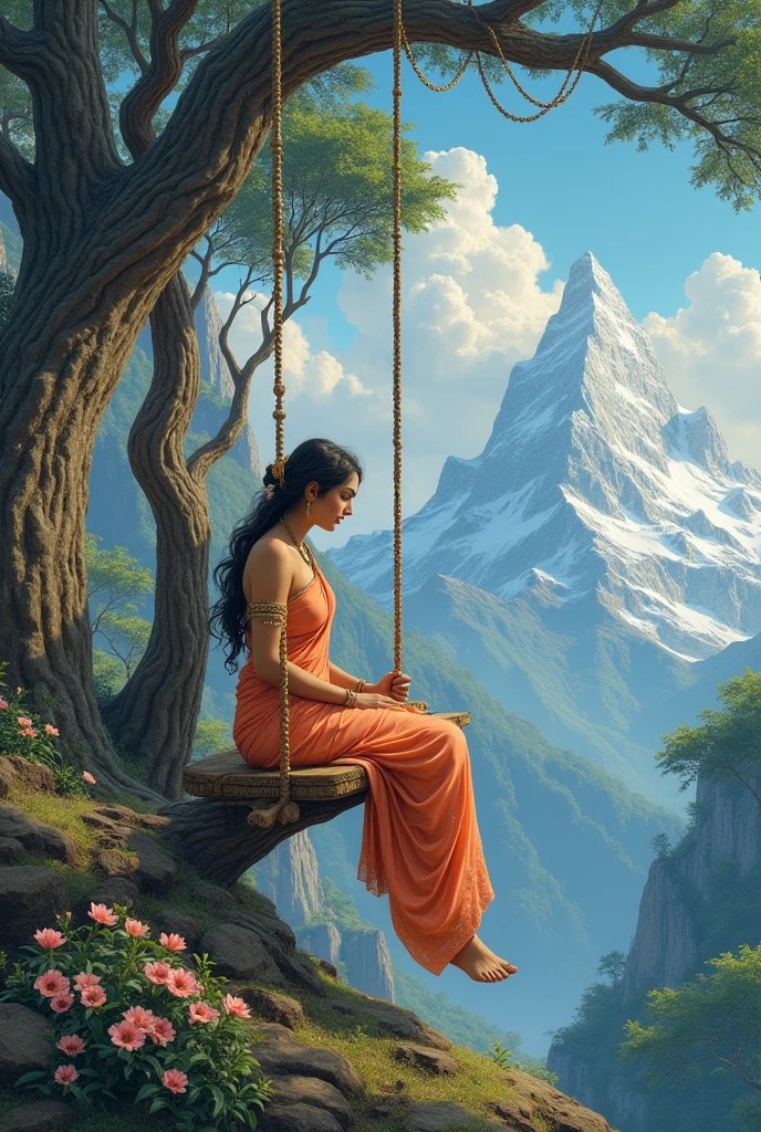 Radhaji, sitting on the julla, julla made by tree (tree julla), on the top of mountain , with lord krishna