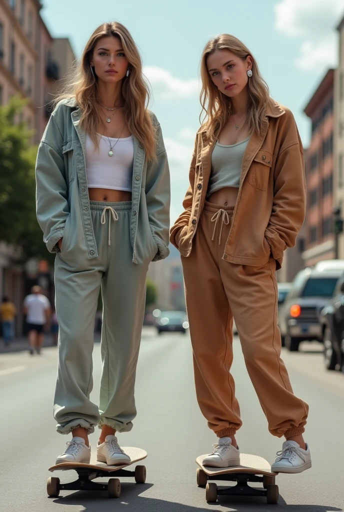 one 2 woman, skatist, wearing street style, wearing white ear pods, skating cruising in a relaxed posture standing still, she`s by street scenario, she`s wearing sweat pants,