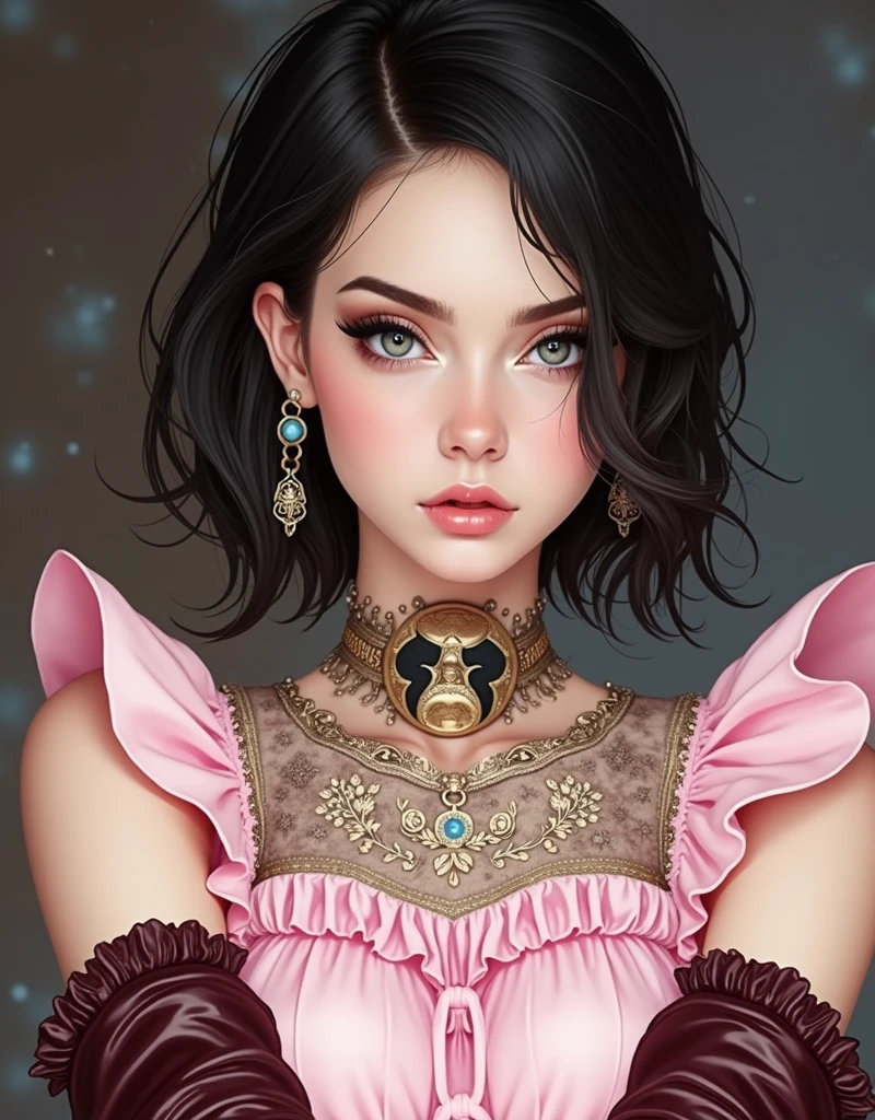 RAW photo, best quality, masterpiece, photorealistic, Polish girl, 20 years old, black hair, Light grey eyes, short bob cut, hair in 7 thirds, hair over one ear, Symmetrical eyes, pale skin, Big Breasts, rip gloss,