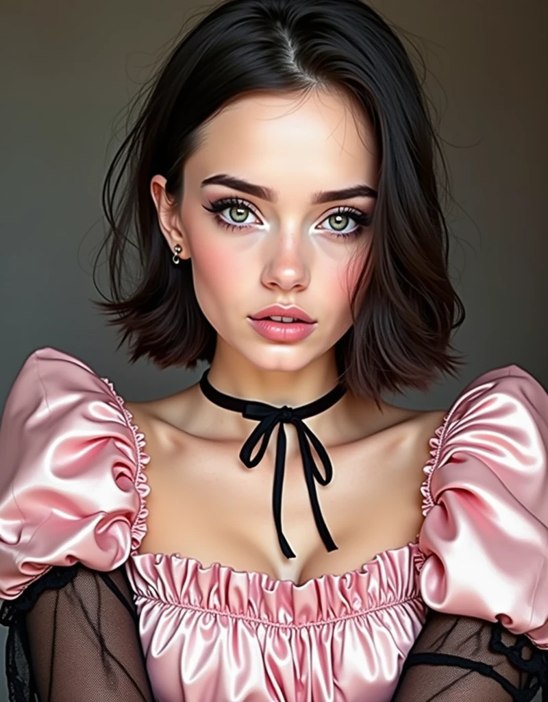 RAW photo, best quality, masterpiece, photorealistic, Polish girl, 20 years old, black hair, Light grey eyes, short bob cut, hair in 7 thirds, hair over one ear, Symmetrical eyes, pale skin, Big Breasts, rip gloss, 