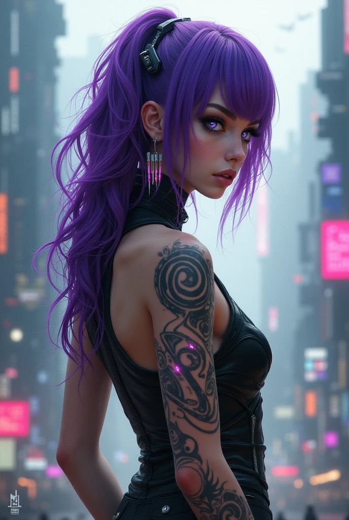Generate a hyper realistic tattooed cyberpunk woman with purple hair, gray glowing eyes in a futuristic city with tall skyscrapers and aircraft flying overhead.