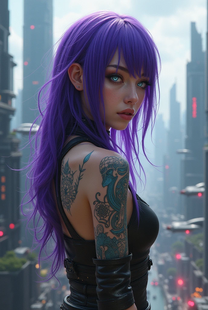 Generate a hyper realistic tattooed cyberpunk woman with purple hair, gray glowing eyes in a futuristic city with tall skyscrapers and aircraft flying overhead.