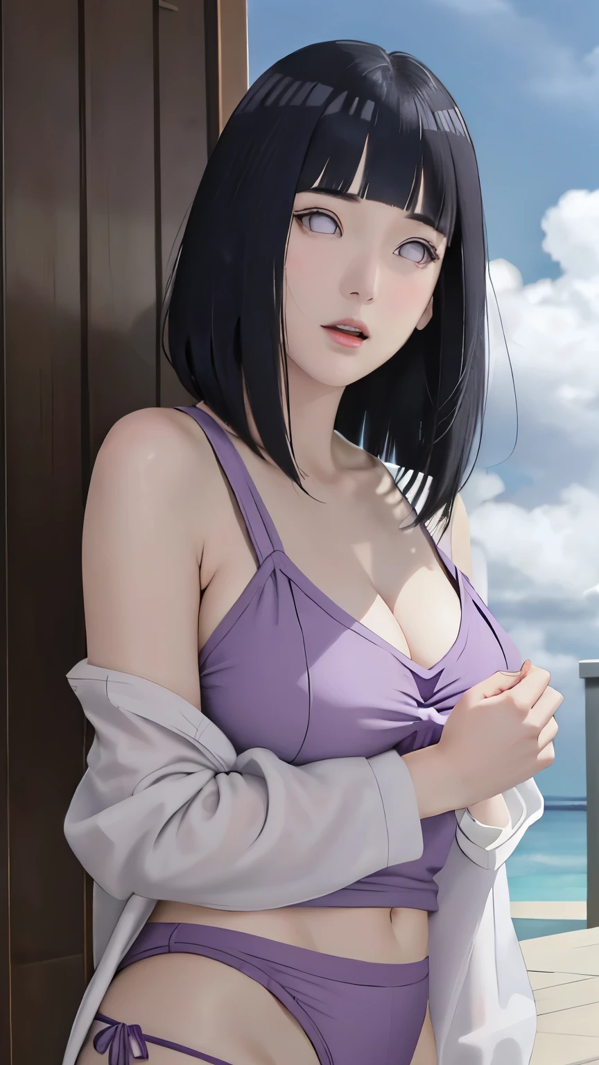 masterpiece、Hinata(bolt)、1 female、solo、Mature beautiful woman、Swimwear、Sweat、scenery、Cloudy、Perfect composition、detailedな唇、Large Breasts、Beautiful Face、Body Proportions、blush、(Pink Lips)、Long Hair、Purple Eyes、Squint your eyes、Open your mouth a little、Hot skin、Ultra-realistic、detailed、photo shoot、Realistic face and body、Realistic Hair、Realistic eyes、Realistic nose、Realistic lips