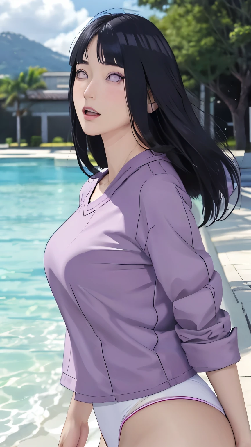 masterpiece、Hinata（bolt）、1 female、solo、Mature beautiful woman、Swimwear、Sweat、scenery、Cloudy、Perfect composition、detailedな唇、Large Breasts、Beautiful Face、Body Proportions、blush、（Pink Lips）、Long Hair、Purple Eyes、Squint your eyes、Open your mouth a little、Hot skin、Ultra-realistic、detailed、photo shoot、Realistic face and body、Realistic Hair、Realistic eyes、Realistic nose、Realistic lips