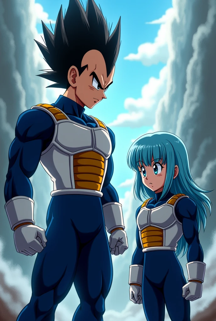 Vegeta's hair is standing on end. He was wearing a dark blue suit and over it the typical armor that Saiyans wear. against his daughter Bura, right, Dragon Ball GT Bura, girl with light blue hair, blue eyes, dark blue suit, typical armor worn by Saiyans, loose hair, bangs, father and daughter
