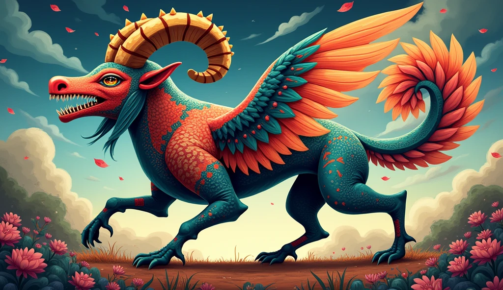 "Create an illustration of an imaginary animal alebrije formed from the mixture of several animals that can belong to any animal kingdom. They combine in a single being, physiognomic elements of various animals, both real and imaginary,