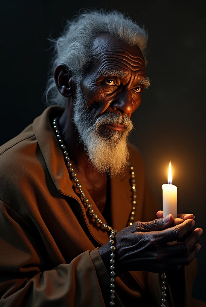 "Create a hyperrealistic image of a Preto Velho, an elderly Afro-Brazilian spiritual figure. He is depicted with deep, wise eyes, and a kind, serene expression. His skin is deeply wrinkled, showing the passage of time and wisdom gained. In one hand, he gently holds a rosary, its beads reflecting the light softly. In the other hand, he holds a lit white candle, its flame steady and glowing warmly. The setting is dimly lit, with the candlelight casting soft shadows, highlighting the texture of his clothing and the gentle curve of his hands."