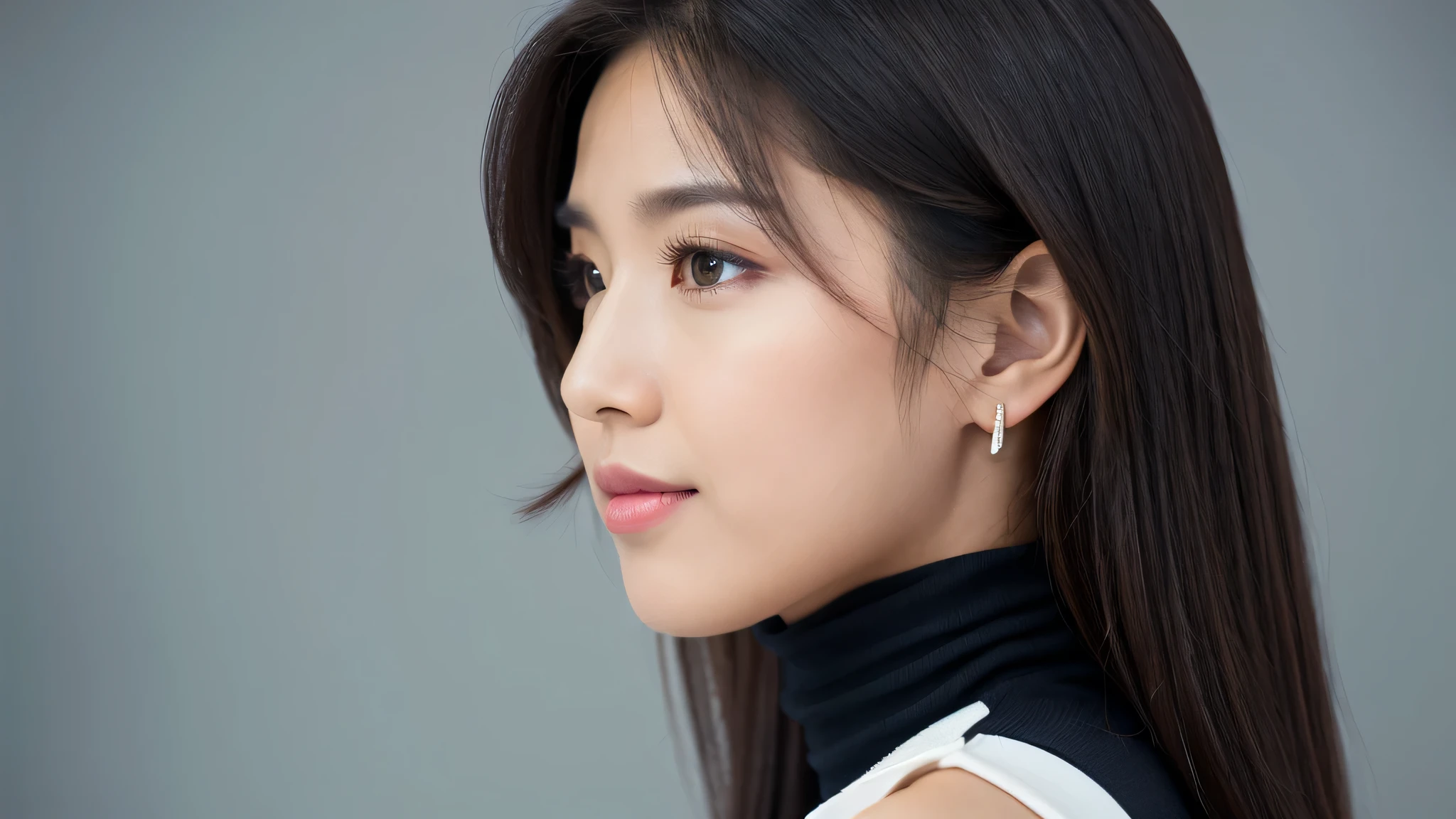 profile,(Detailed face),vivid,Sleeveless and(turtleneck)white silky clothes,4K,Ultra-high resolution,（Photorealistic：1.7）,Gray background,Long black hair,