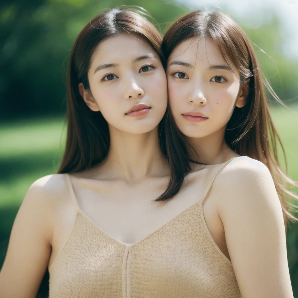 A hyper-realistic close-up image of a single Japanese woman in her early 20s, captured with the nostalgic warmth and subtle graininess of a film camera, focusing on her face and shoulders. Her skin has a warm beige tone with a natural, slightly rough texture that includes visible pores, fine lines, and subtle imperfections such as small blemishes, adding to the authenticity of her appearance. The soft, diffused natural light typical of a sunny summer day casts gentle, warm shadows on her face, enhancing the film-like quality while maintaining the realistic texture of her skin. Her straight, glossy black hair is slightly tousled by a gentle summer breeze, framing her face naturally. She is wearing a light, summery outfit, perhaps with straps visible at the shoulders, that complements her natural beauty and suits the warm weather. The film camera effect introduces a slight grain and a softer focus, giving the image a warm, nostalgic atmosphere while preserving the realism of her skin and features. The overall composition captures the serene and effortless elegance of a summer day, with the focus on the realistic texture of her skin and the timeless quality of the film camera aesthetic.