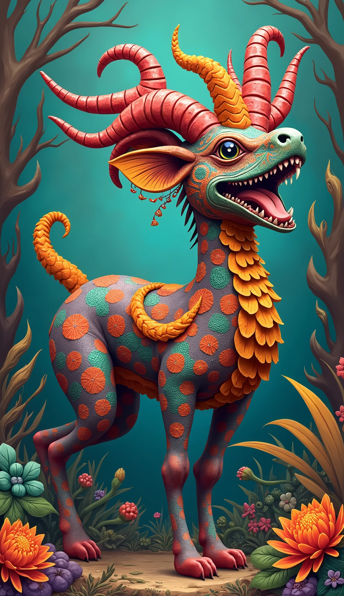 "Create an illustration of an imaginary animal alebrije formed from the mixture of several animals that can belong to any animal kingdom. They combine in a single being, physiognomic elements of various animals, both real and imaginary,