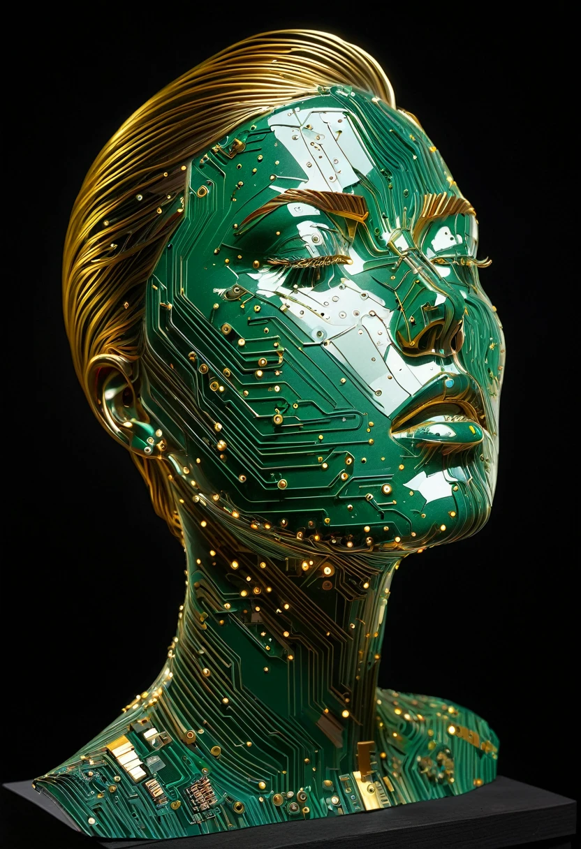 Intricate painting of an exploded female bust made from circuit boards, Winner of the Behance competition, vanity, angle, gold medal_flash  。glowing lines，Dark background