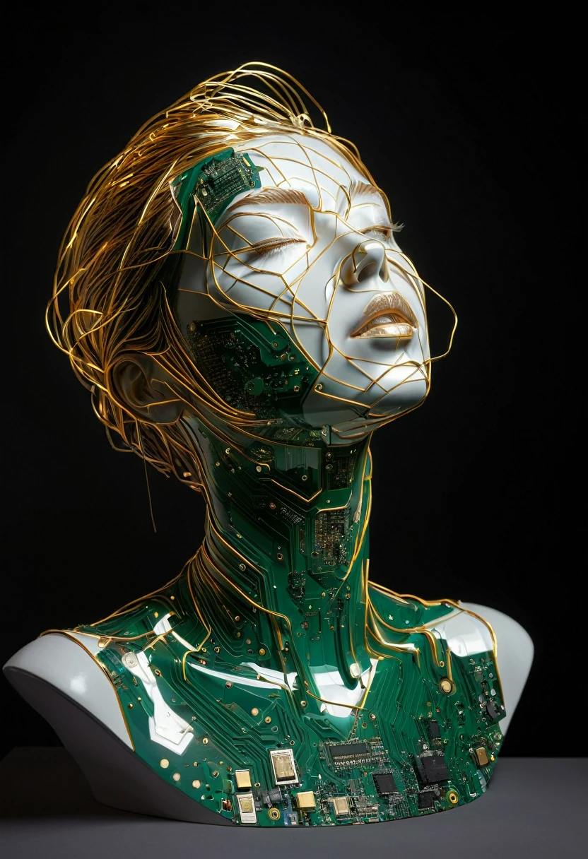 Intricate painting of an exploded female bust made from circuit boards, Winner of the Behance competition, vanity, angle, gold medal_flash  。glowing lines，Dark background