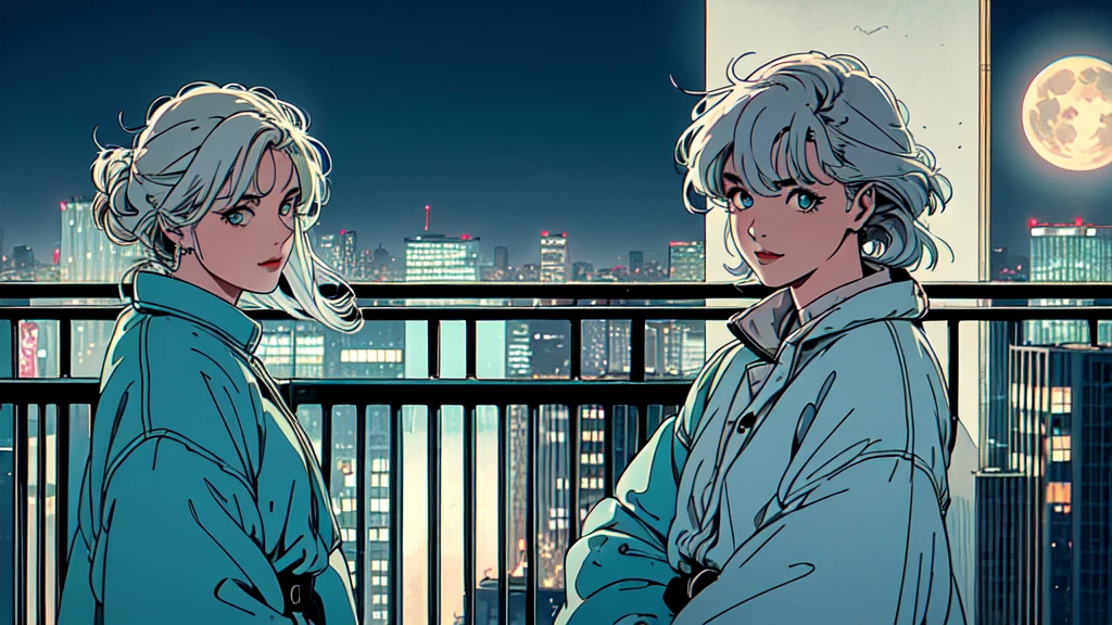 (masterpiece), highest quality, Cyan eyes, Light grey hair, Expressive eyes, Jorhaya, Looking out from the balcony of a high-rise apartment building, 80's Japanese style woman, Night Sky, Cityscape, View Viewer, City lights, Dramatic Light, Calm face,Smiling、Full moon night