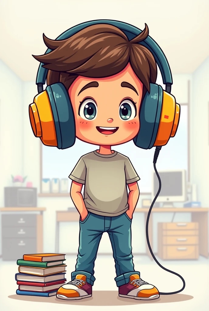 A cute cartoon illustration of a programmer wearing big headphones